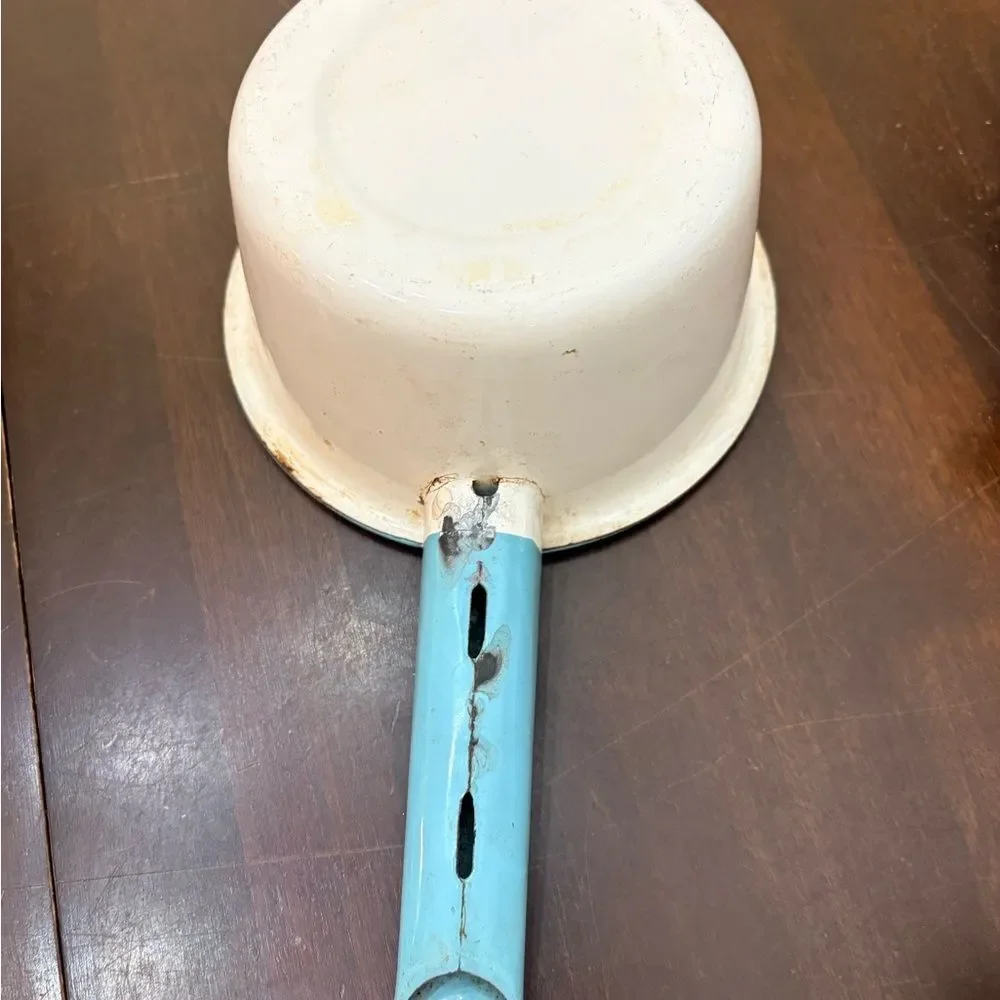 White and Light Blue Enamel Saucepan with Lid